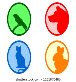 set Pets dog, cat, rabbit, parrot, vector illustration