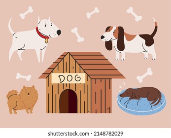set of pets dogs, house