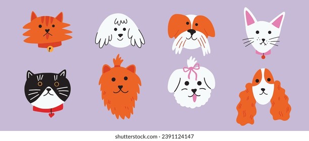 Set of pets, domestic animals heads in cartoon style. collection of cats and dogs vector illustrations in groovy colorful bold design 