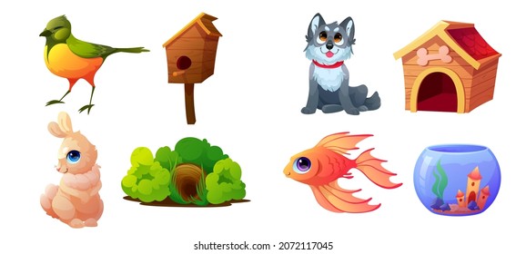 Poner mascotas, animales domésticos y sus hogares. Cachorros y tazas, conejo y madriguera, peces dorados con acuario, canario y pabellón de aves. Caracteres de corte aislados en fondo blanco, ilustración vectorial de dibujos animados