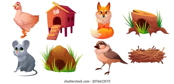 Set of pets, domestic or wild animals and their homes. Cute characters chicken and coop, fox and stump, mouse and burrow, sparrow and nest isolated on white background, Cartoon vector illustration
