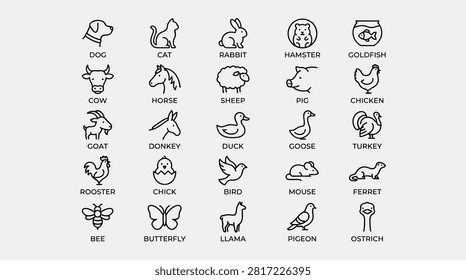 Set of pets and farm animals outline icons. includes dog, cat, rabbit, hamster, goldfish, cow, horse, sheep, pig, chicken, goat, donkey, duck, goose, turkey, rooster, chick, bird, mouse, ferret, bee, butterfly, llama, pigeon, ostrich. line art style design.