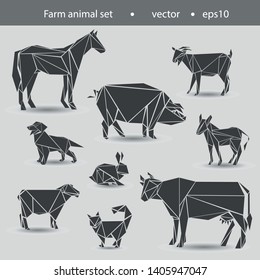 set of pets from the farm. Horse, cow, donkey, goat, sheep, dog, cat, rabbit. abstract illustration of farm animals, flat image.