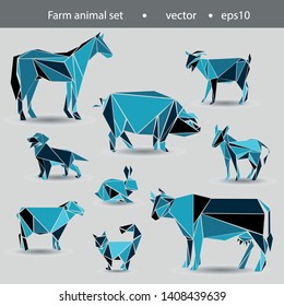 Set Of Pets From The Farm. Horse, Cow, Donkey, Goat, Sheep, Dog, Cat, Rabbit. Abstract Illustration Of Farm Animals, Flat Image.