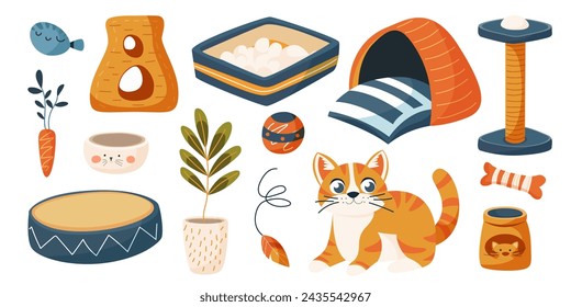 Set of pets goods, accessories for cat.Couch, huts, food, bowl, toys, scratching post, feather, plush fish.Domestic animals shop care, treatment, grooming, entertainment, feeding.Canine, feline stuff