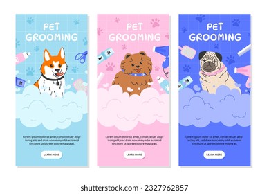 Set of pets grooming posters. Advertising and marketing. Aesthetics and elegance. Puppies of different breeds near combs and hair dryers. Cartoon flat vector collection isolated on white background