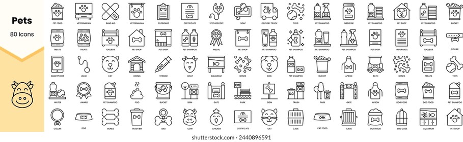 Conjunto de iconos de mascotas. Paquete de iconos de estilo de arte de línea simple. Ilustración de vector