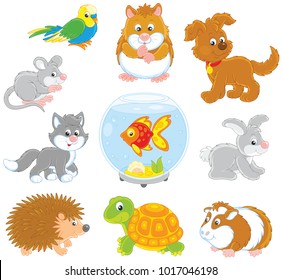 Set of pets including a cat, a dog, a parrot and other domestic animals, vector illustrations in funny cartoon style