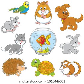 Set of pets including a cat, a dog, a parrot and other domestic animals, vector illustrations in funny cartoon style