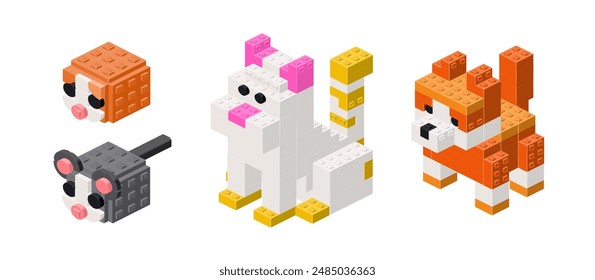 Set of pets in isometry from cubes. Vector illustration