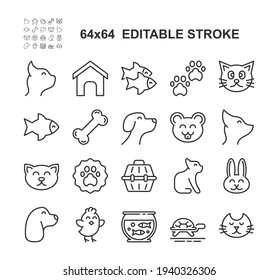 Set of Pets Line Icons. Vector Illustration. Editable Stroke, 64x64 Pixel Perfect.