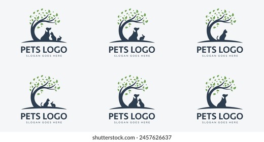 Set of Pets Logo. Dog, Cat, Rabbit and Tree Logo Icon Symbol Vector Design Inspiration.