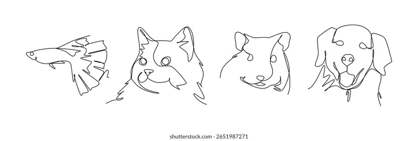 Set of pets in one line drawing style. Fish, cat, hamster, and dog. Editable vector illustration.