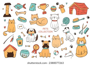 Set of pets, pet shop doodles, cartoon elements and clip art for stickers, prints, icons, signs, banners, cards, product decor, etc. EPS 10