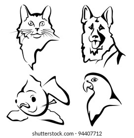 set of pets portraits in simple black lines