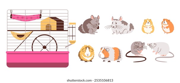 Set of pets rodents. Fluffy cute pets. Hamster, rat, guinea pig, chinchilla. Pink plastic cage with a house, a wheel and a drinking bowl. Cartoon style Vector illustration isolated on white background