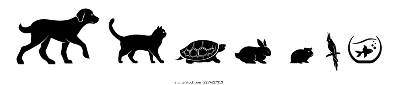 Set von Haustieren. Silhouette von Hund, Katze, Papagei, Schildkröte, Kaninchen, Hamster, Fisch. Vektorgrafik.