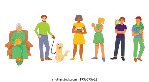 set of pets and their owners. happy pet owners. pet store concept. domestic cats, rats, parrots, snakes, fish and dogs. domestic animals. vector flat. isolated