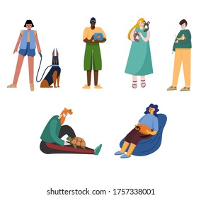 A set of pets and their owners. People with different pets. Flat-style illustration.