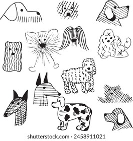 Set of pets. Vector art line style. Collection cat and dogs. Simple design of animals isolated on white background. Flat logo of bulldog, poodle, sheepdog. Symbol modern illustration.