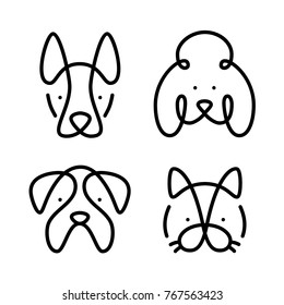 Set of pets. Vector art line style. Collection cat and dogs. Simple design of animals isolated on white background. Flat logo of bulldog, poodle, sheepdog. Symbol modern illustration. Eps.10 