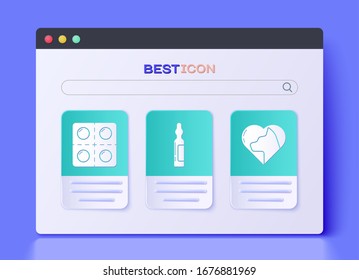 Set Pets vial medical, Dog and pills and Heart with cat icon. Vector
