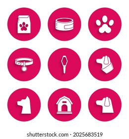Set Pets vial medical, Dog house, Cat, Collar with name tag, Paw print and Bag of food for pet icon. Vector
