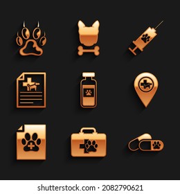 Set Pets vial medical, first aid kit, Dog and pills, Location veterinary, Medical certificate for dog or and  icon. Vector