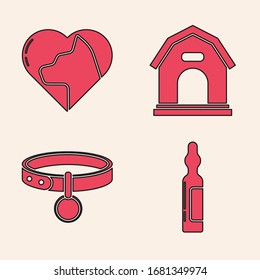 Set Pets vial medical, Heart with cat, Dog house and Collar with name tag icon. Vector