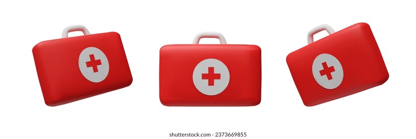 Set pf 3D render medical case. Vector illustration first aid kit, emergency box. Plasticine hospital doctor care bag. Symbol of safety, urgency help. Red cross cartoon object. Collection of Pharmacy