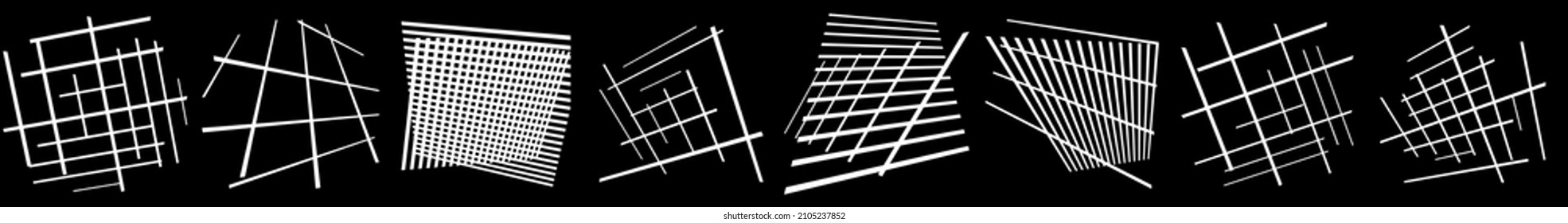 Set pf 3d ,spatial grids, meshes. Interlace, interlocking, intersecting lines in perspective. Abstract grating, trellis, lattice, netting
