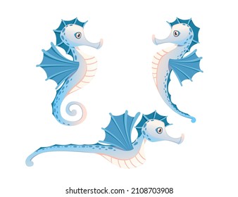 Set pf cute adorable blue seahorse cartoon sea animal design flat vector illustration isolated on white background