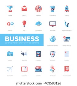 Set pf modern vector business infographics flat design icons, web elements. Mission, targeting, cloud, international, protection, e-commerce, accounting, shopping, coffee break