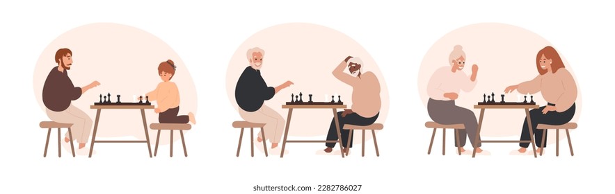 Set pf people playing chess, club, chess players