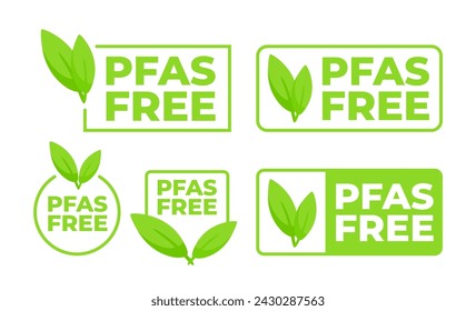 A set of PFAS Free badges in various designs with leaf motifs, indicating chemical free and environmentally safe products.