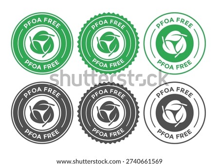 Set of PFOA free certification badges and stamps for nonstick cookware and food safe products, featuring green and black circular designs with leaf icons.