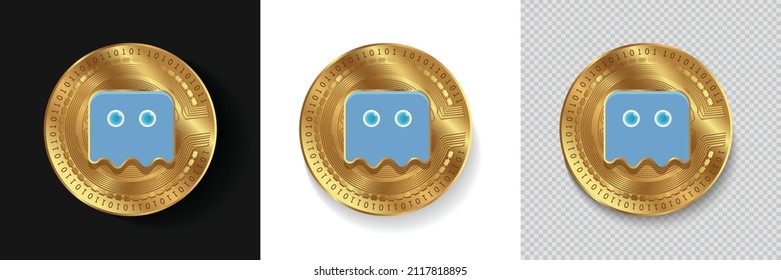 Set of -PhantasmaSOUL cryptocurrency logo in golden coins vector illustration isolated in white, dark and transparent background. Can be used as crypto label,sticker, icon, badge, emblem design.