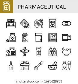 Set of pharmaceutical icons. Such as Pills, Flask, Medicine, Tube, Plaster, Sample tube, Pharmacy, Suppositories, Mortar, Eye drops, Pipette , pharmaceutical icons