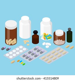 A set of pharmaceuticals. Flat isometric. Medicinal tablets. Pills in the package. Glass bottle of pills and medicines. Children's vitamins. Pills icons. Vector illustration.