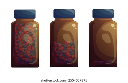 A set of pharmaceuticals in glass vials. Full, half-empty and with several tablets. Cartoon vector illustration