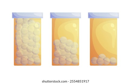 A set of pharmaceuticals in yellow vials. Full, half-empty and with several tablets. Cartoon vector illustration