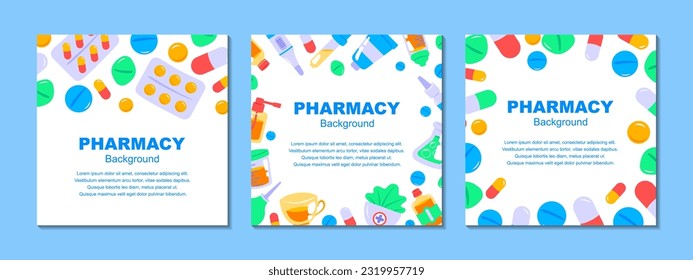 Set of pharmacy backgrounds. Pills and drugs design. Medicine flat vector illustration