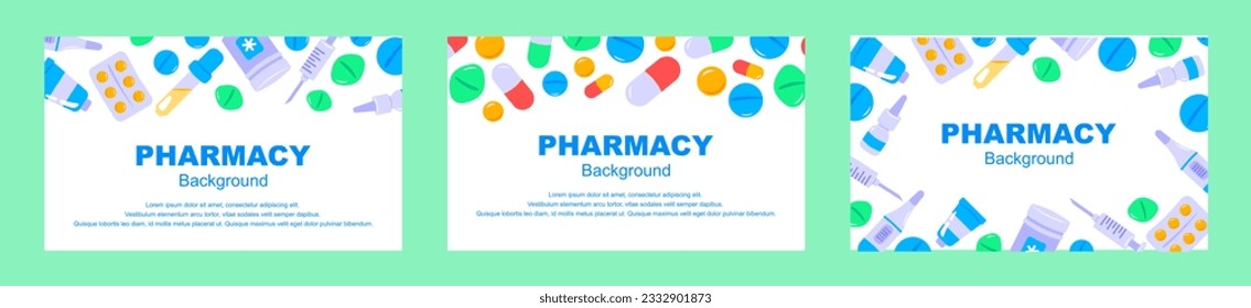 Set of pharmacy backgrounds. Pills and drugs design. Medicine flat vector illustration