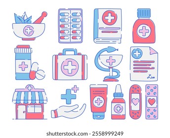 A set of pharmacy doodle icons featuring medicine bottles, pills, first aid kits, bandages, and medical symbols in a fun, hand drawn style. Perfect for health and pharmacy themed designs