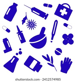 Set of pharmacy icons: first aid kit, mortar, herbs,  thermometer, patch, pills, inhaler, syrup, gloves, nasal spray. Blue and white. Flat vector illustration.