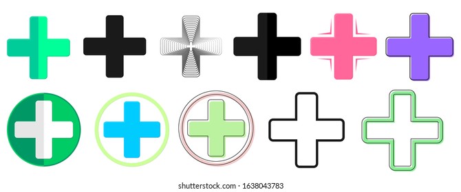 Set Pharmacy icons, flat graphic design template, app icons, plus symbols, cross signs, vector illustration