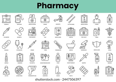 Set of pharmacy icons. Linear style icon bundle. Vector Illustration