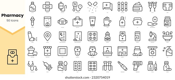 Conjunto de Icons de farmacia. Paquete de iconos de estilo de arte de línea simple. Ilustración del vector