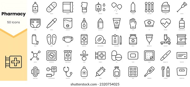 Set von Pharmazie-Symbolen. Paket mit einfachen Kunstsymbolen für Linien. Vektorgrafik