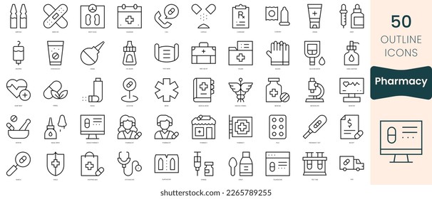 Conjunto de iconos de farmacia. Iconos de estilo lineal delgado Empaquetar. Ilustración vectorial